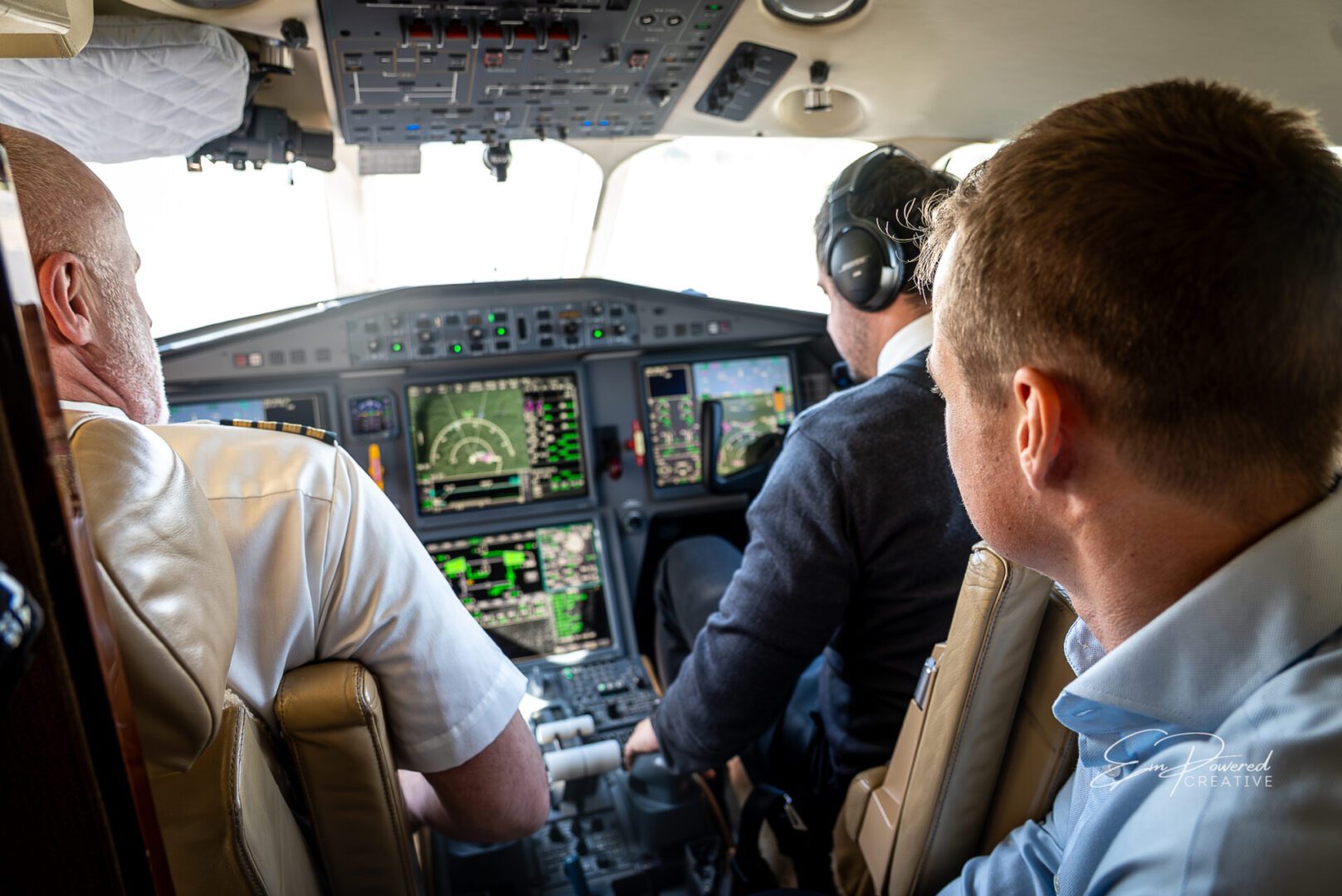 State of the art cockpit of a Falcon Jet available through SwiftWings private charter services.