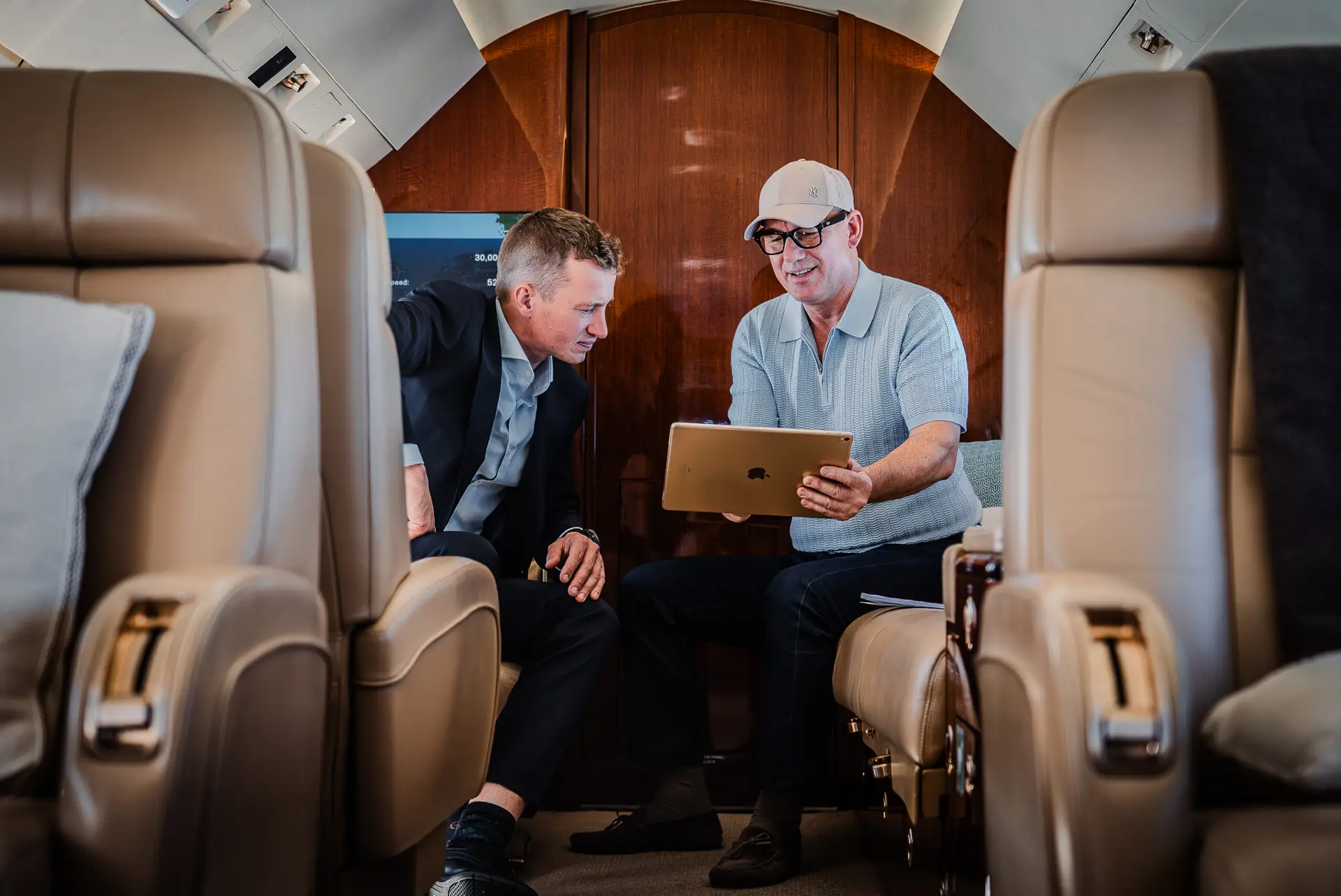Elegant SwiftWings chartered private jet interior featuring comfortable seating and premium amenities.